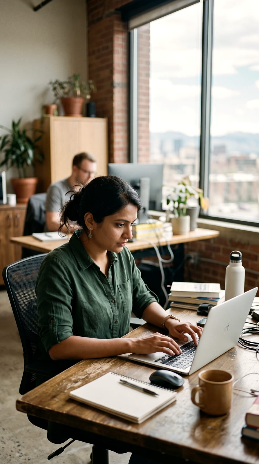 A founder at a desk in a small software office, turned toward the window.