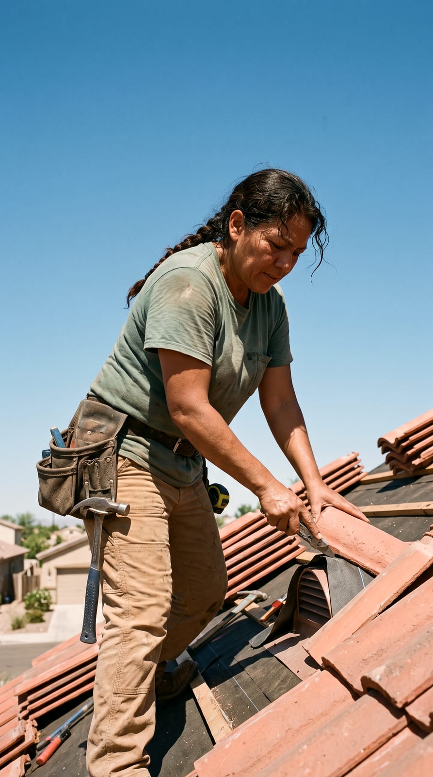 A roofer working on a tile roof in bright midday sun.